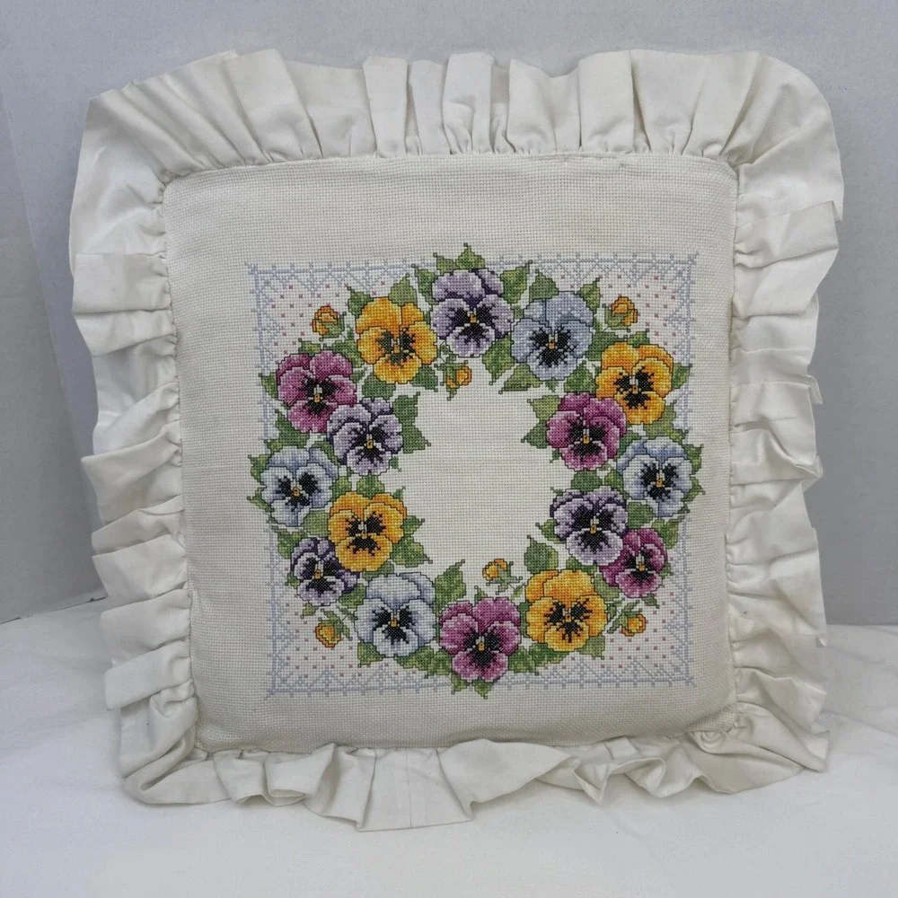 VTG Handmade Pansy Wreath Cross Stitch Ruffle Throw Pillow Floral Cottagecore‎